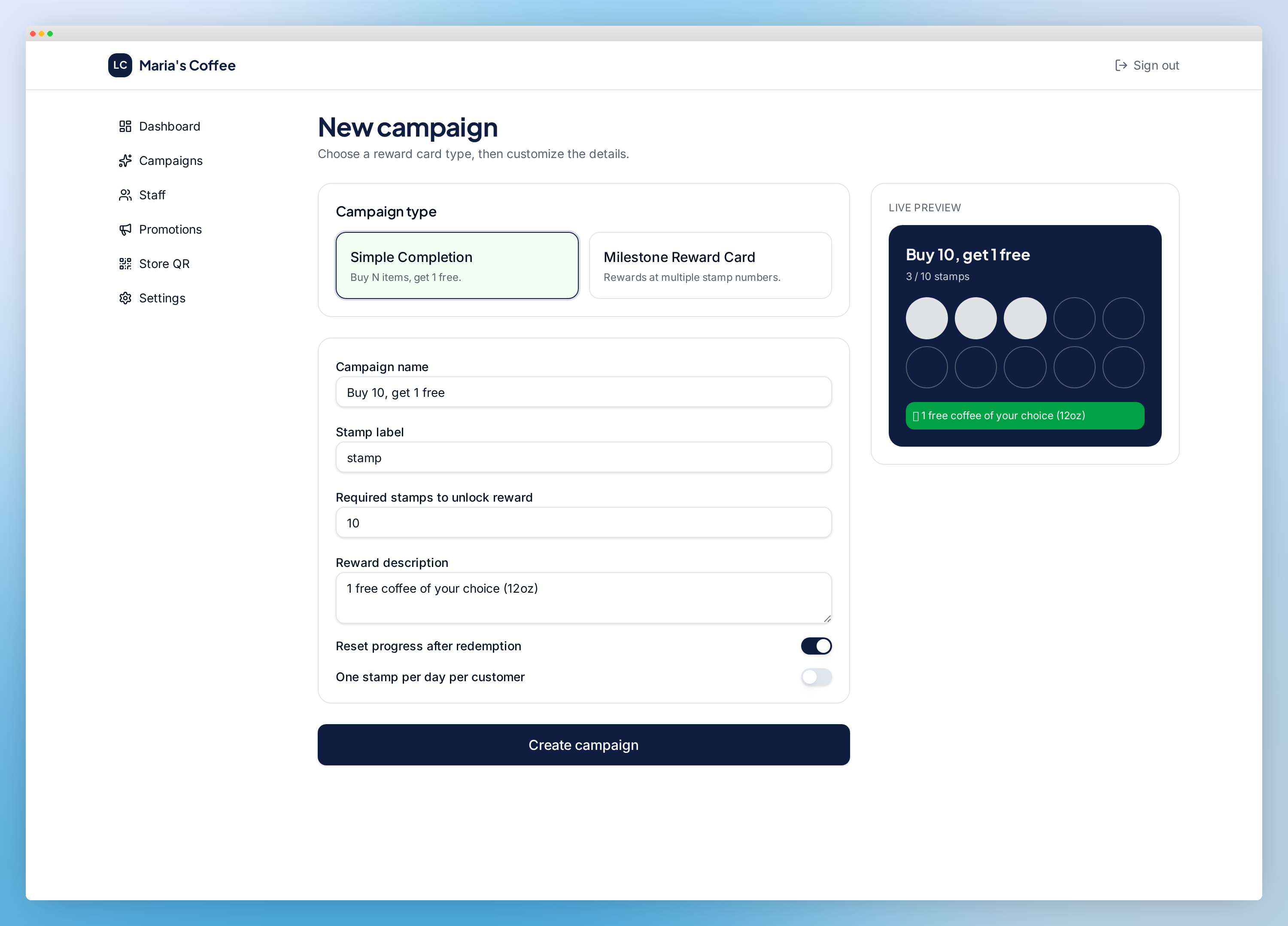 Campaign setup — Launch a reward card in under a minute